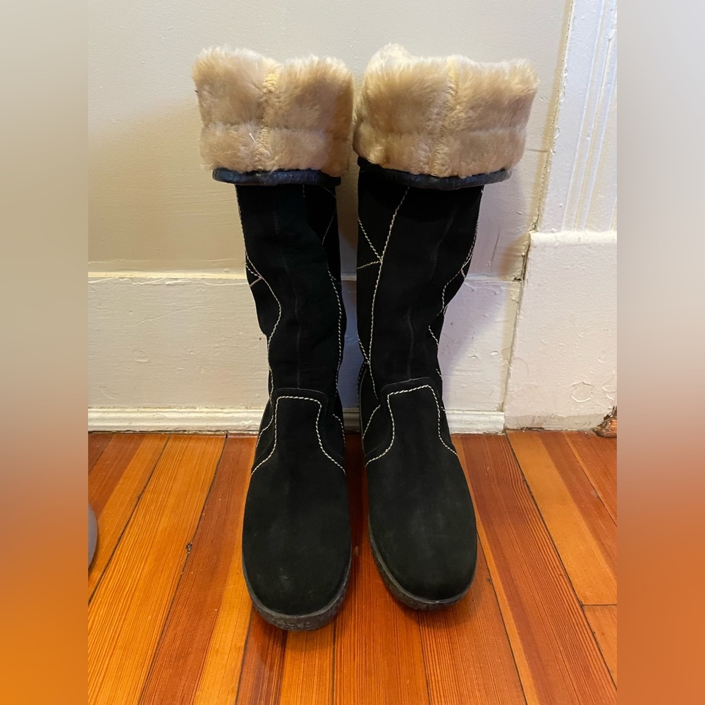 Steve Madden suede faux fur boot with wedge heel in black
